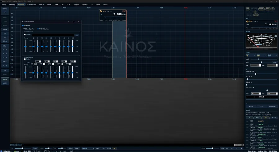The Equalizer Settings window, dark themed, open over the Kainos panadapter.