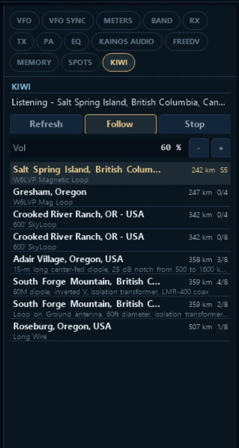 The Kainos right-hand column with pill-shaped tab toggles and the KIWI tab open, listing nearby KiwiSDR receivers by distance.