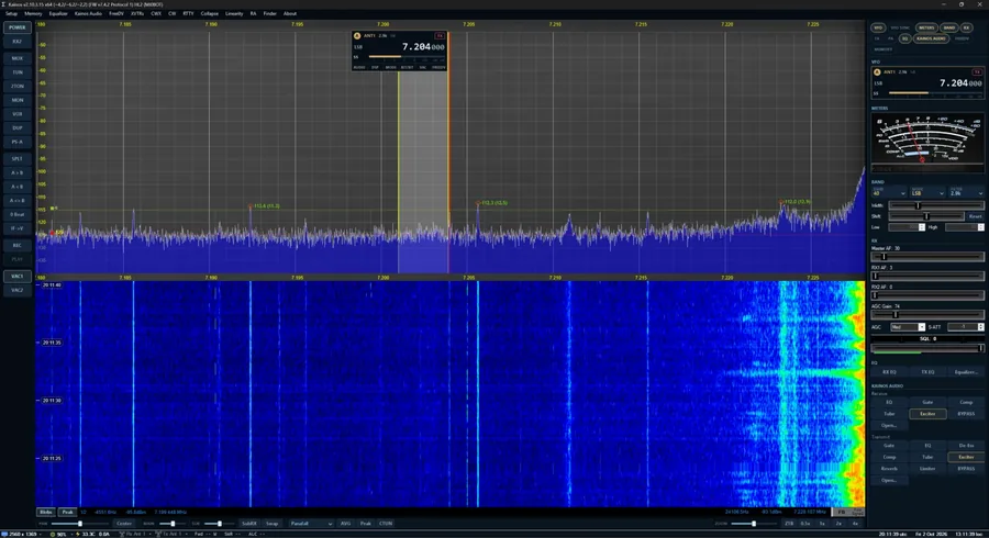 The Kainos main window: panadapter and waterfall with the VFO A flag, the left button column, the right-hand column of tabs and the bar under the panadapter.