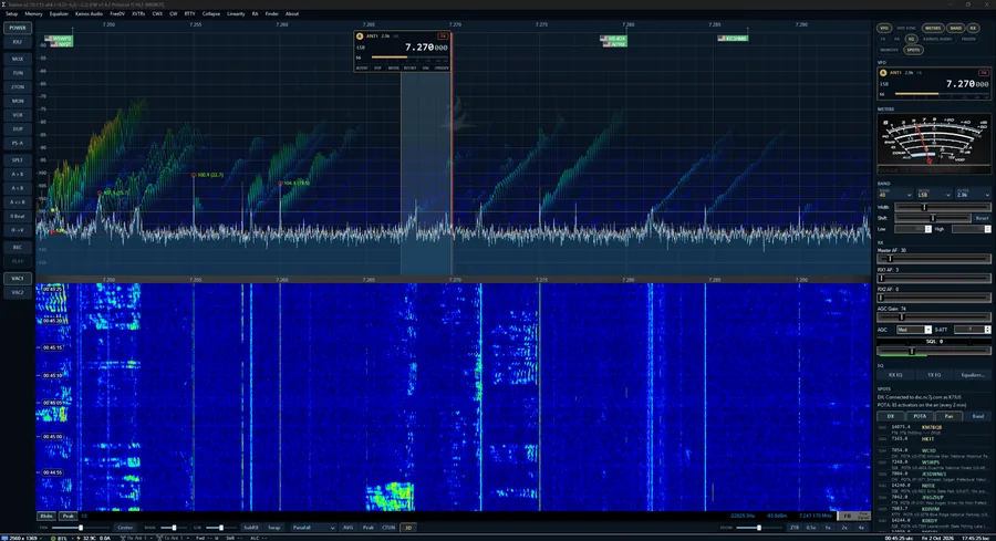 Kainos panadapter with POTA spot tags and US flags along the top, a VFO flag at 7.270 MHz LSB, and a busy 40 m waterfall below.